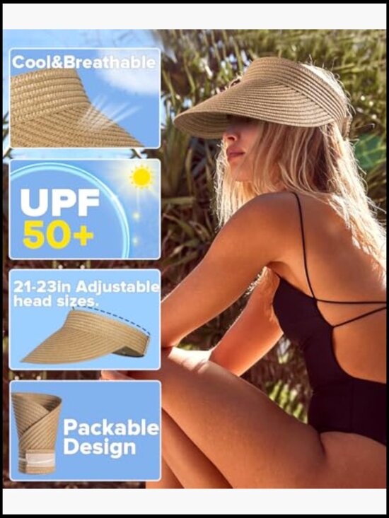 Wide Brim Straw Sun Hat UPF50+ Packable Foldable Adjustable Summer Beach Visor